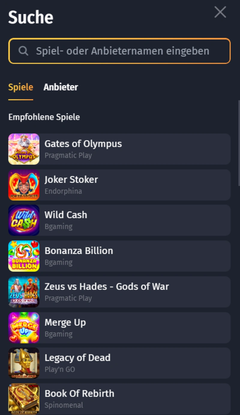 WinShark Casino Mobile-Website Spiele Katalog